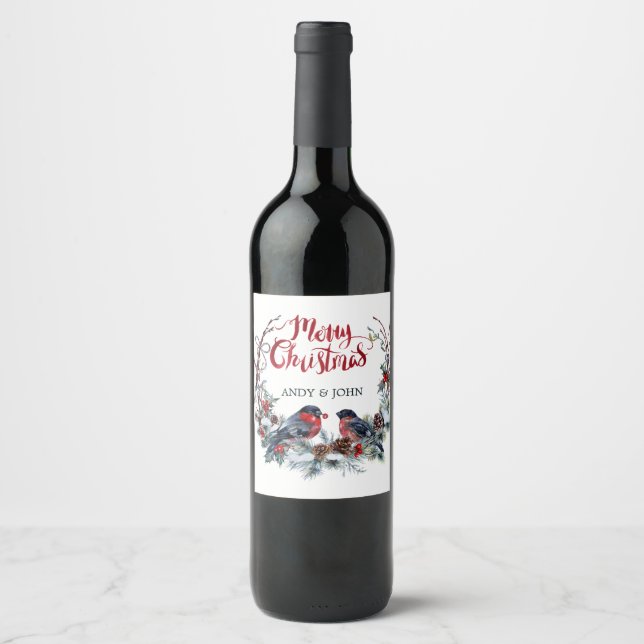 Rótulo Para Garrafa De Vinho Bullfinches Wreath Mistletoe - Feliz Natal (Frente)