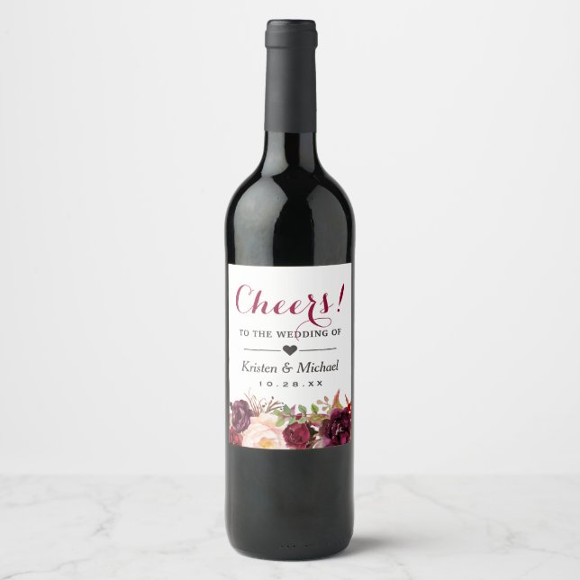 Rótulo Para Garrafa De Vinho Burgundy Marsala Red Floral Saúde Ao Casamento (Frente)