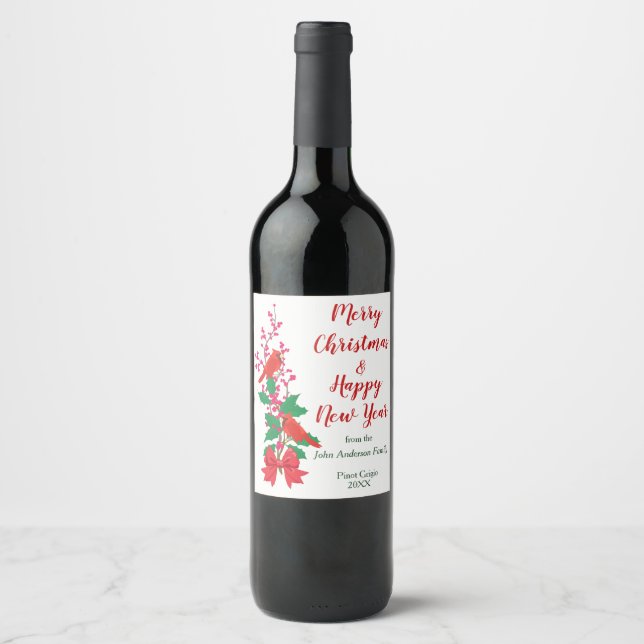 Rótulo Para Garrafa De Vinho Cardeais Vermelhos na Holly Christmas (Frente)