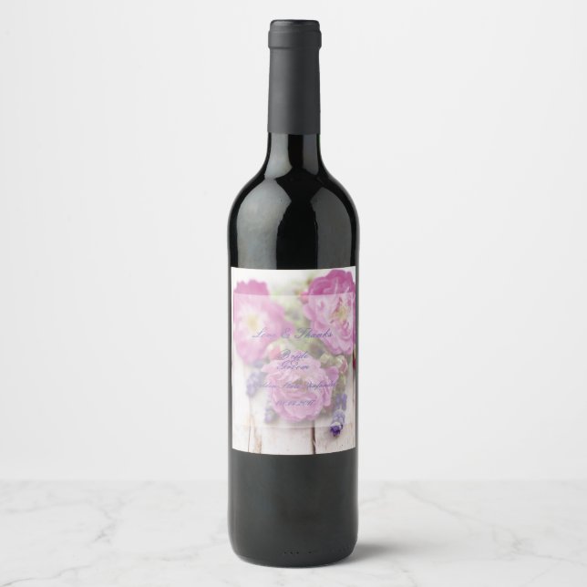 Rótulo Para Garrafa De Vinho Casamento de Rosa e Lavanda de Verão (Frente)