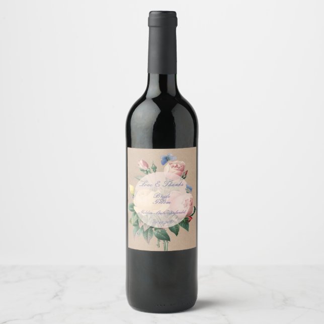 Rótulo Para Garrafa De Vinho Casamento do Jardim da Borboleta Rosa Inglesa (Frente)