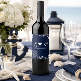 Rótulo Para Garrafa De Vinho casamento náutico de praia branco renda azul marin