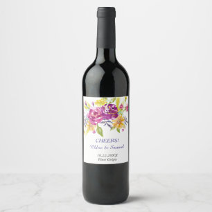 Rótulo Para Garrafa De Vinho Casamento personalizado da aguarela buquê colorid