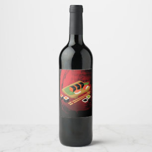 Rótulo Para Garrafa De Vinho Chique Moderno Elegante Sushi Preto e Vermelho Fes