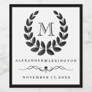 Rótulo Para Garrafa De Vinho Cinza Escura Elegante Casamento Laurel Wreath