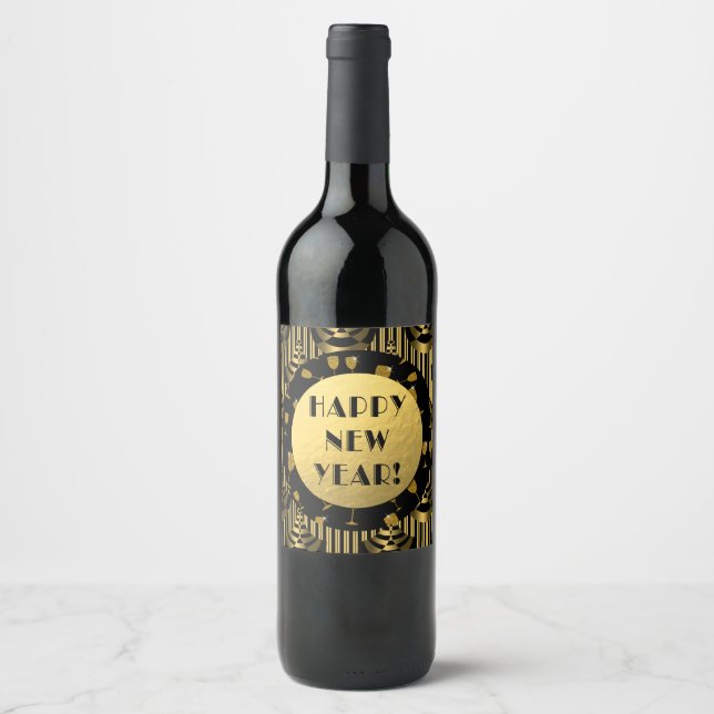 Rótulo Para Garrafa De Vinho Classy Art Deco | FELIZ ANO NOVO (Frente)