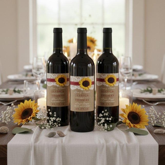 Rótulo Para Garrafa De Vinho Coleção Kraft, Lace & Sunflower - Vermelho (Criador carregado)