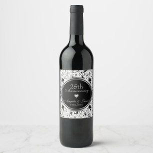 Rótulo Para Garrafa De Vinho Damasco floral preto - 25o aniversário