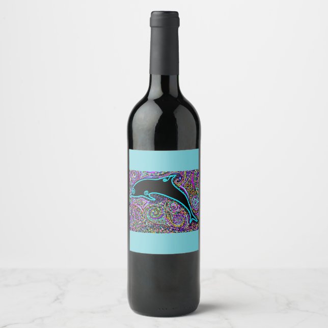 Rótulo Para Garrafa De Vinho Design de Arte de Golfinho (Frente)