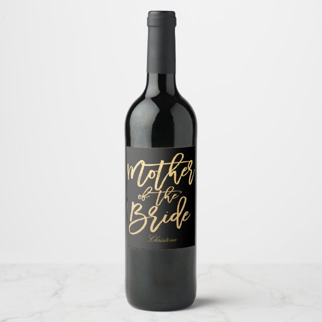 Rótulo Para Garrafa De Vinho Dourada carta de mão - mãe da noiva (Frente)
