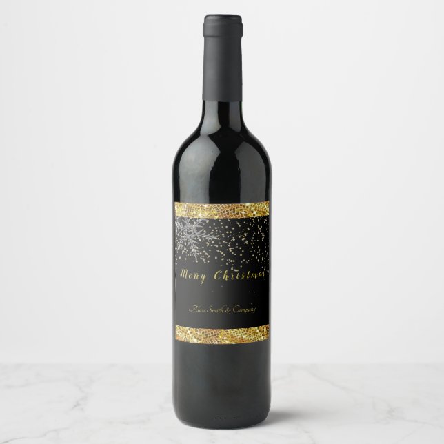 Rótulo Para Garrafa De Vinho Dourado brilho, flocos de neve, Feliz Natal, Perso (Frente)