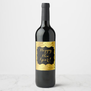 Rótulo Para Garrafa De Vinho feliz ano novo! Folha de Ouro Negra