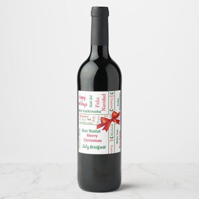 Rótulo Para Garrafa De Vinho Feliz Natal, diferentes idiomas personalizados (Frente)