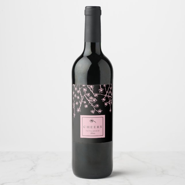 Rótulo Para Garrafa De Vinho Flores Rosa Modernas (Frente)
