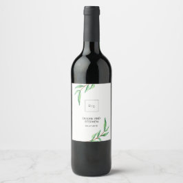 Rótulo Para Garrafa De Vinho Folhas verdes minimalistas no casamento branco