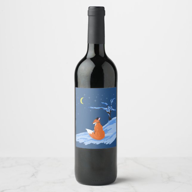 Rótulo Para Garrafa De Vinho Fox Noturna de inverno (Frente)