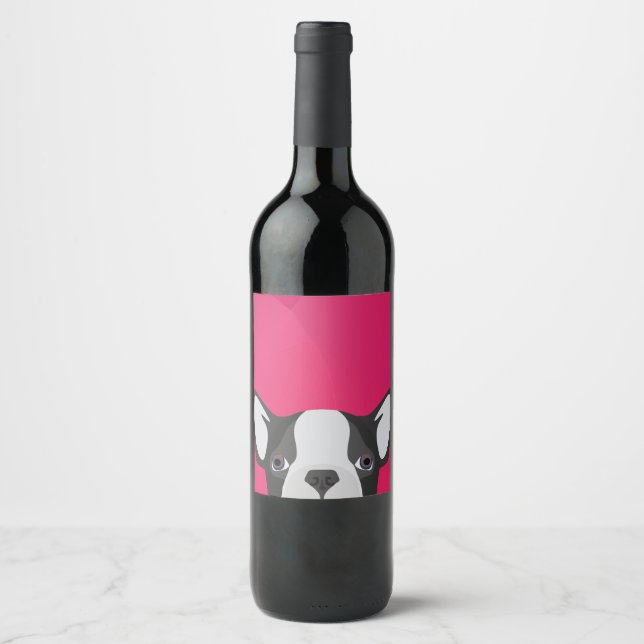 Rótulo Para Garrafa De Vinho Ilustração do Bulldog Francês com fundo rosa (Frente)
