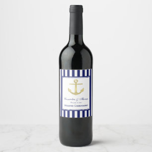 Rótulo Para Garrafa De Vinho Marinho de Âncora Dourado Quadro Azul 2, Stripe Br