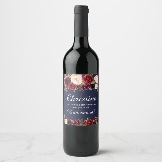 Rótulo Para Garrafa De Vinho Marsala Burgundy Floral Bridesmaid Proposta-7 (Frente)
