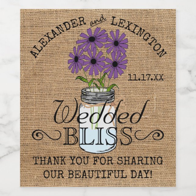 Rótulo Para Garrafa De Vinho Mason Jar e Burlap parecem Casamento Russo no País (Rótulo Único)