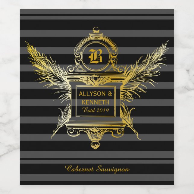 Rótulo Para Garrafa De Vinho Monograma de Quadro Dourado Clássico de Penas de Q (Rótulo Único)