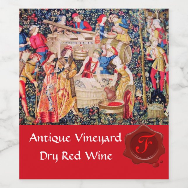 RÓTULO PARA GARRAFA DE VINHO MONOGRAMA DE SELO VERMELHO DE VINHO DE UVAS ANTIGA (Rótulo Único)