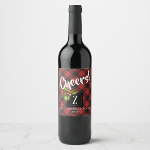 Rótulo Para Garrafa De Vinho Monograma do Natal da xadrez do búfalo vermelho e