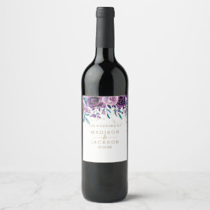 Rótulo Para Garrafa De Vinho Monograma Dourado floral roxo chique do casamento