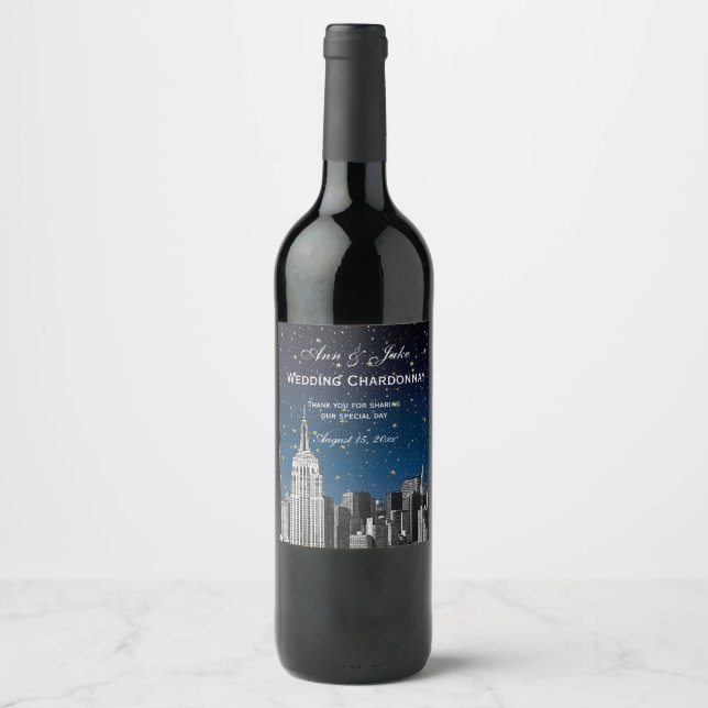 Rótulo Para Garrafa De Vinho NYC Skyline Enchido nº 2 Gradiente Azul Estrelado  (Frente)