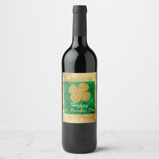 Rótulo Para Garrafa De Vinho Ouro Shamrocks Verde Floral (Frente)