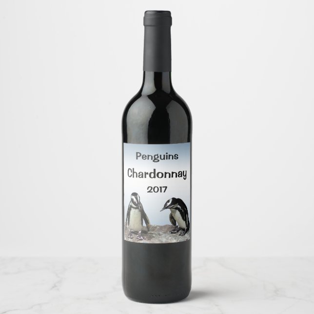 Rótulo Para Garrafa De Vinho Pássaros Pinguins Azul, Branco, Vinho Preto (Frente)