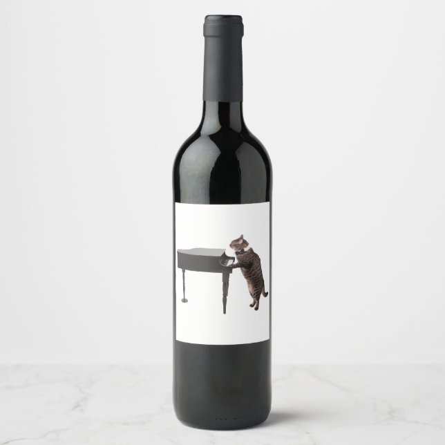 Rótulo Para Garrafa De Vinho Piano de Reprodução de Gato (Frente)