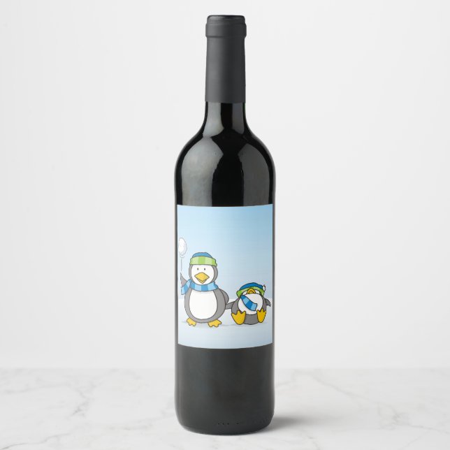 Rótulo Para Garrafa De Vinho Pinguins de neve (Frente)