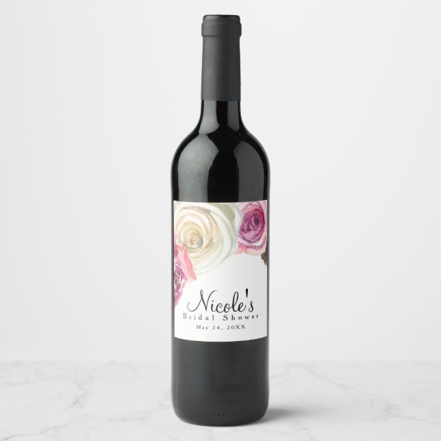 Rótulo Para Garrafa De Vinho Pintura aquarela Rosas Rosa & Branco Chá de Noiva  (Frente)
