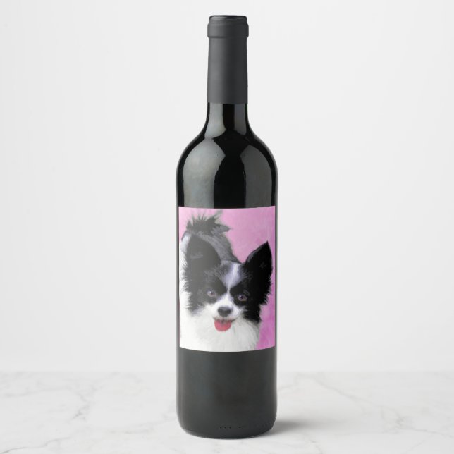 Rótulo Para Garrafa De Vinho Pintura de Papillon (Branco e Preto) - Arte Canina (Frente)