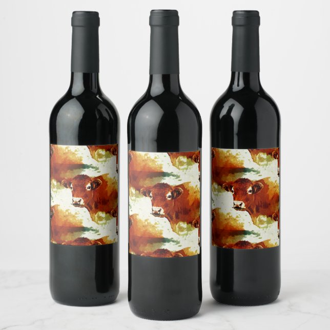 Rótulo Para Garrafa De Vinho Pintura de Vaca Vermelha (Garrafas)