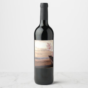 Rótulo Para Garrafa De Vinho Pôr do Sol na Praia Casamento, Plumeria