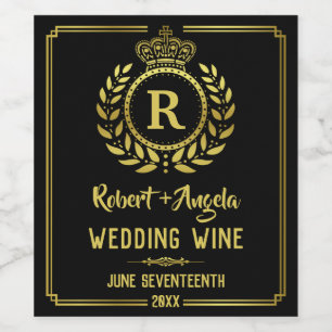 Rótulo Para Garrafa De Vinho Preto real Wedding do ouro da grinalda do louro da
