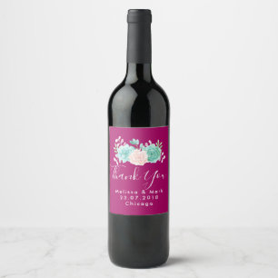 Rótulo Para Garrafa De Vinho Rosa Pastel & obrigados verdes do casamento do