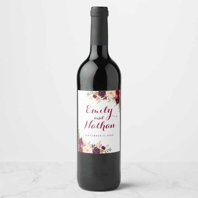 Rótulo Para Garrafa De Vinho Rótulo de Vinho de Casamento outono Floral Vermelh (Frente)
