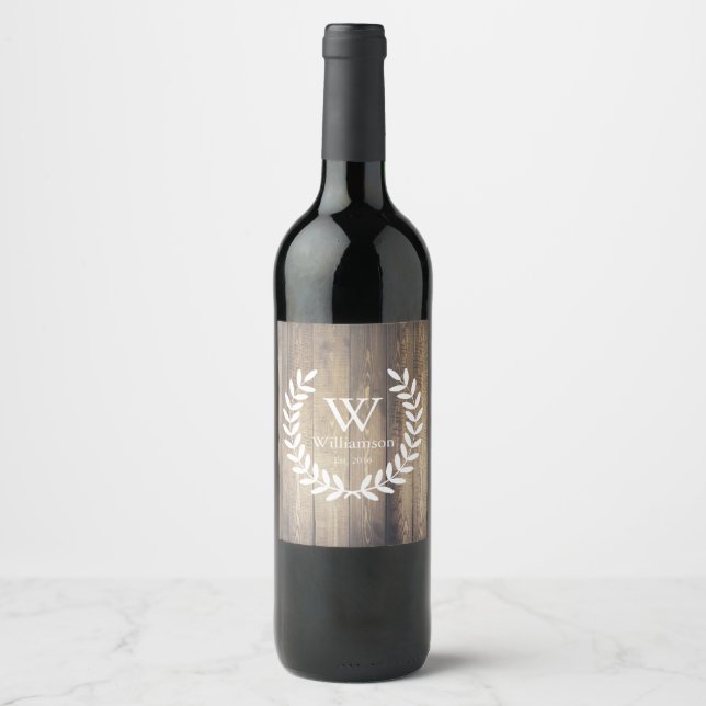 Rótulo Para Garrafa De Vinho Rustic Farmhouse Planks White Laurelles Monogramme (Frente)