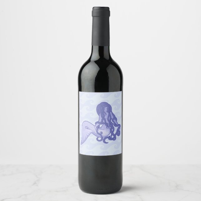 Rótulo Para Garrafa De Vinho Sentado - Sereia Azul (Frente)