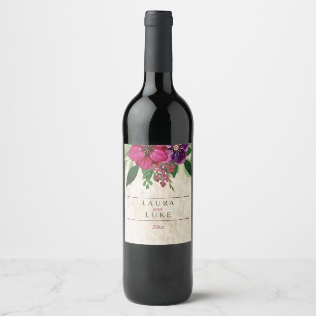 Rótulo Para Garrafa De Vinho Terra, Cranberry-Plum Floral (Frente)