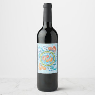 Rótulo Para Garrafa De Vinho Tropical Koi Mandala Arte Zen do Oceano Vibrante