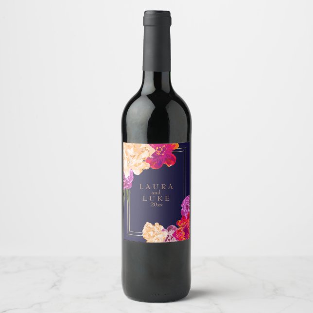 Rótulo Para Garrafa De Vinho Tropical, Marinho Floral (Frente)