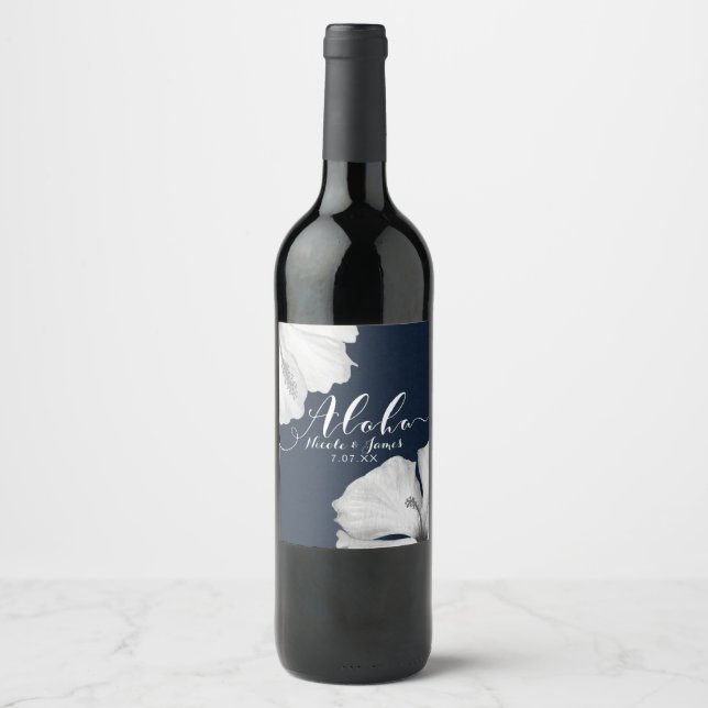 Rótulo Para Garrafa De Vinho Vinho Branco Hibisco Azul Tropical Casamento Aloha (Frente)