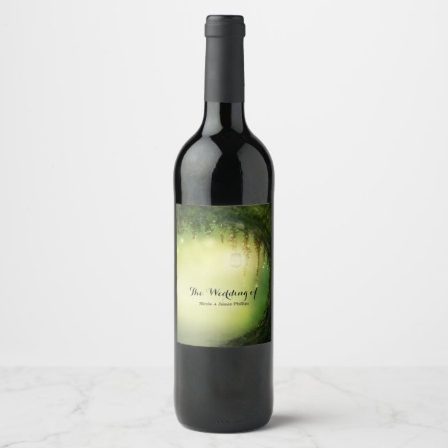Rótulo Para Garrafa De Vinho Vinho de Casamento Personalizado de Floresta e Luz (Frente)