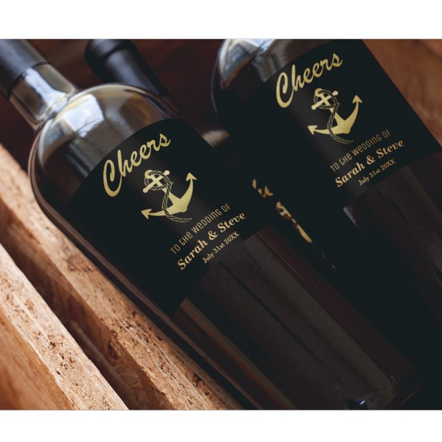 Rótulo Para Garrafa De Vinho Vinhos Náuticos Dourados e Negros (Criador carregado)