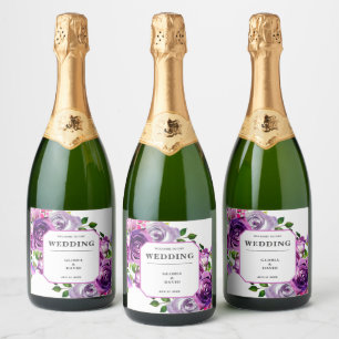 Rótulo Romântico de Vinho de Casamento Floral Roxo