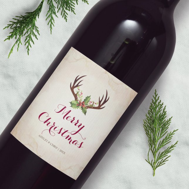 Rótulo Russo de Vinho de Natal Deer Antler Boho (Criador carregado)
